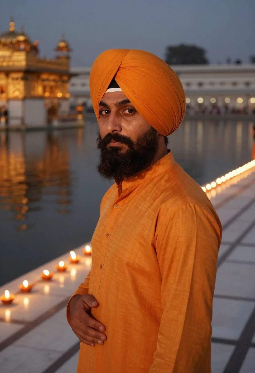 AI guru nanak jayanti golden temple saffron sample — portrait of a man, framed chest-up, cropped at the ribs, the