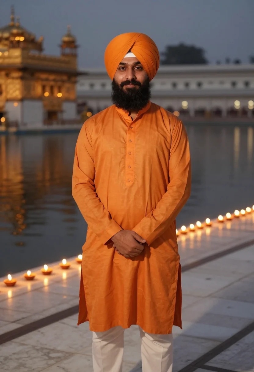AI guru nanak jayanti golden temple saffron sample — portrait of a man, framed three-quarter length from the turb