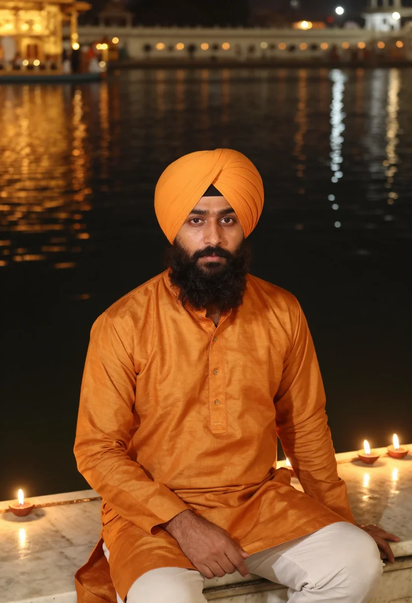 AI guru nanak jayanti golden temple saffron sample — portrait of a man, framed chest-up, cropped at the ribs, the