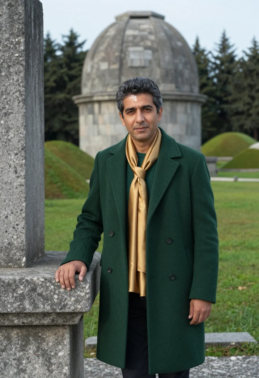 AI gyeongju archaeologist tumuli green gold sample — portrait of a man, an archaeologist in his early fifties wit