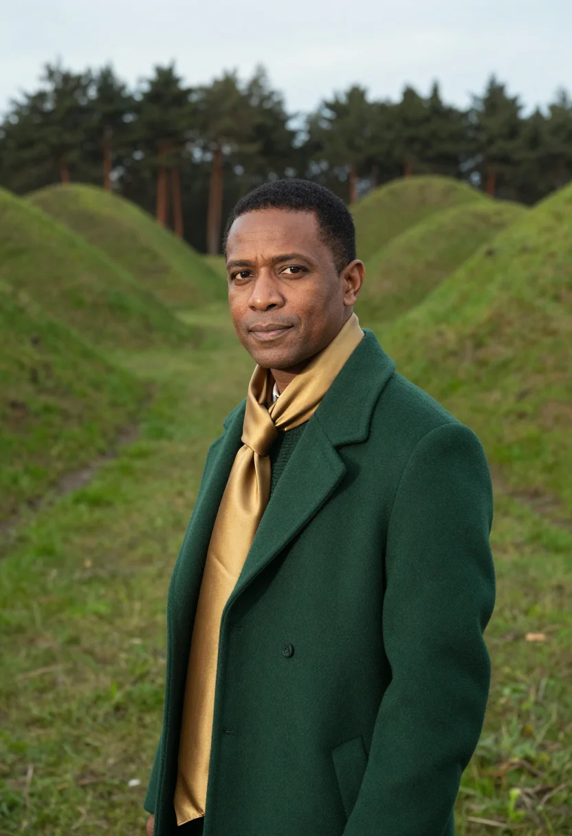 AI gyeongju archaeologist tumuli green gold sample — portrait of a man, an archaeologist in his late forties with