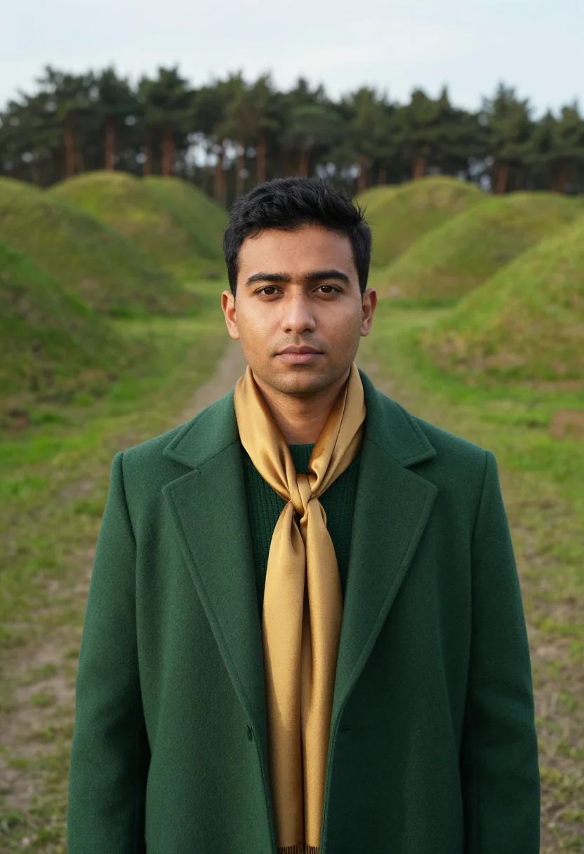 AI gyeongju archaeologist tumuli green gold sample — portrait of a man, an archaeologist in his mid-thirties with