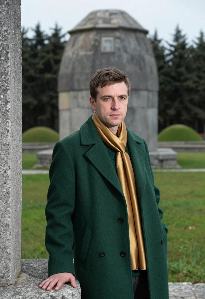 AI gyeongju archaeologist tumuli green gold sample — portrait of a man, an archaeologist in his late thirties wit