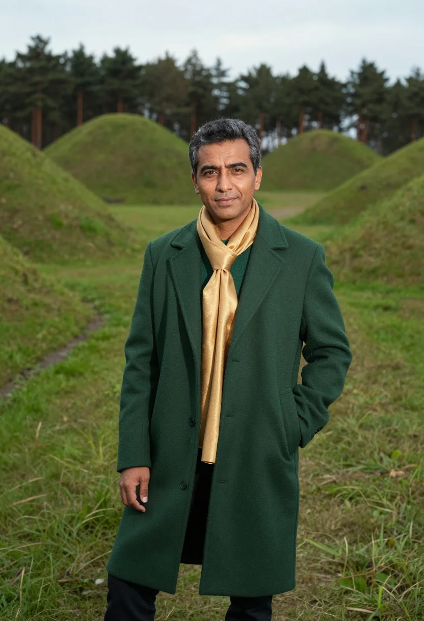 AI gyeongju archaeologist tumuli green gold sample — portrait of a man, an archaeologist in his mid-fifties with