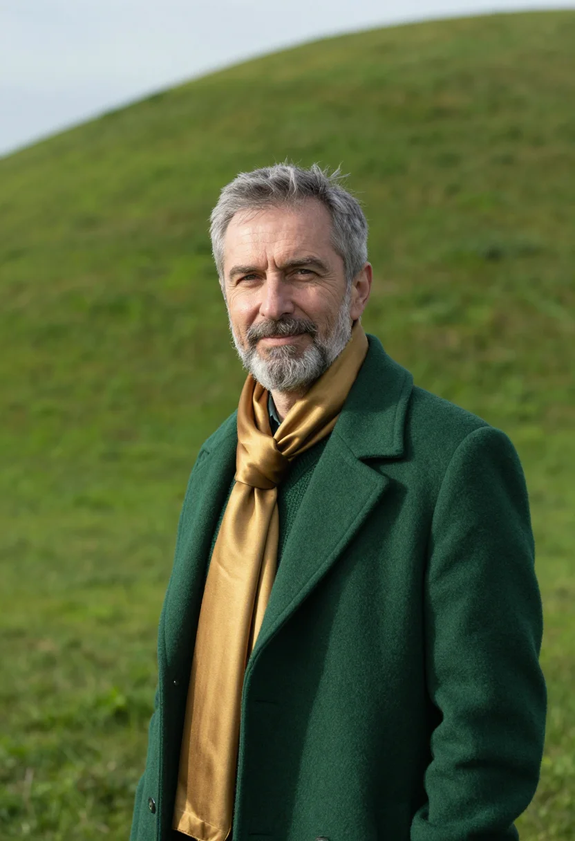 AI gyeongju archaeologist tumuli green gold sample — portrait of a man, an archaeologist in his late fifties with