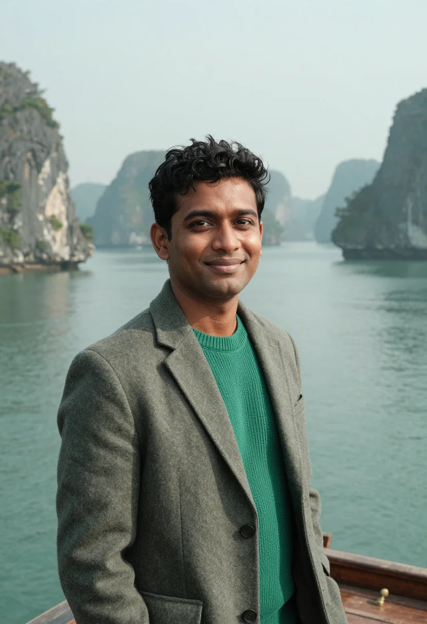 AI ha long marine geologist jade limestone sample — portrait of a man, a South-Asian marine geologist in his mid