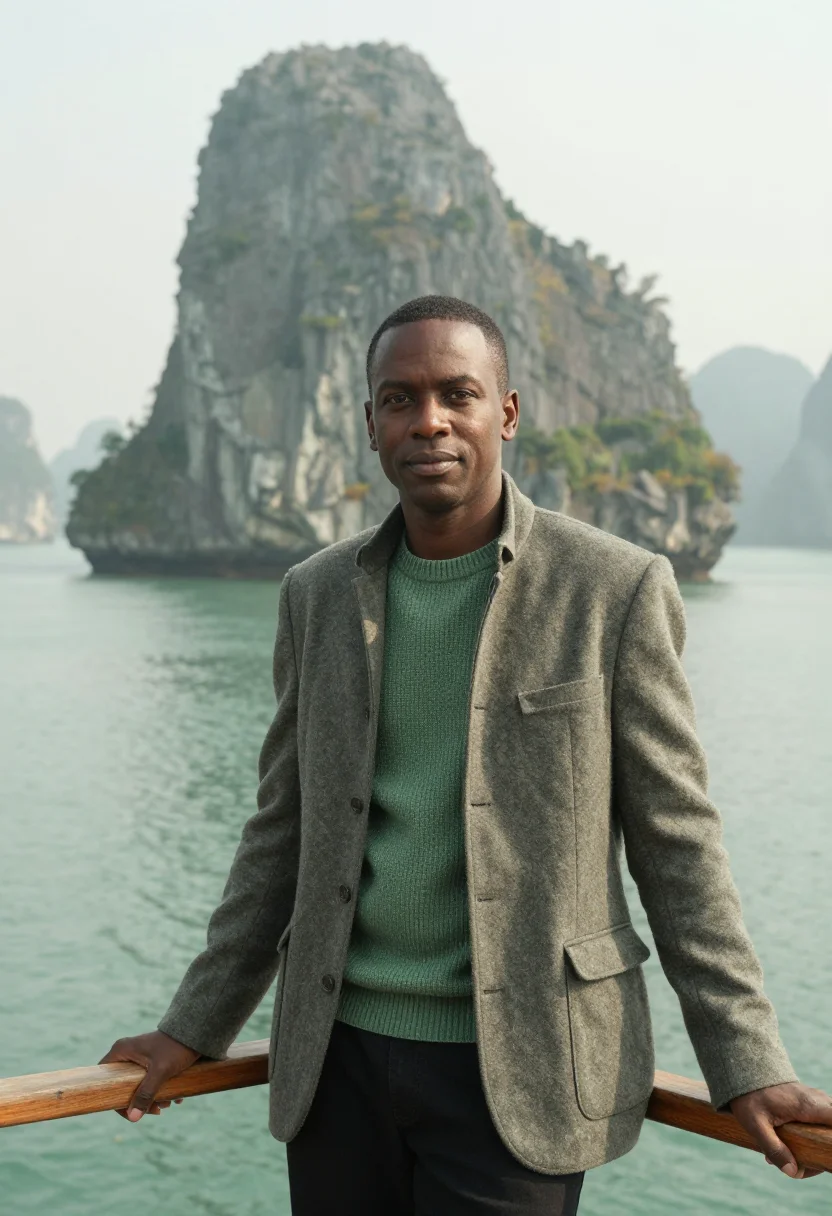 AI ha long marine geologist jade limestone sample — portrait of a man, a Black marine geologist in his early for
