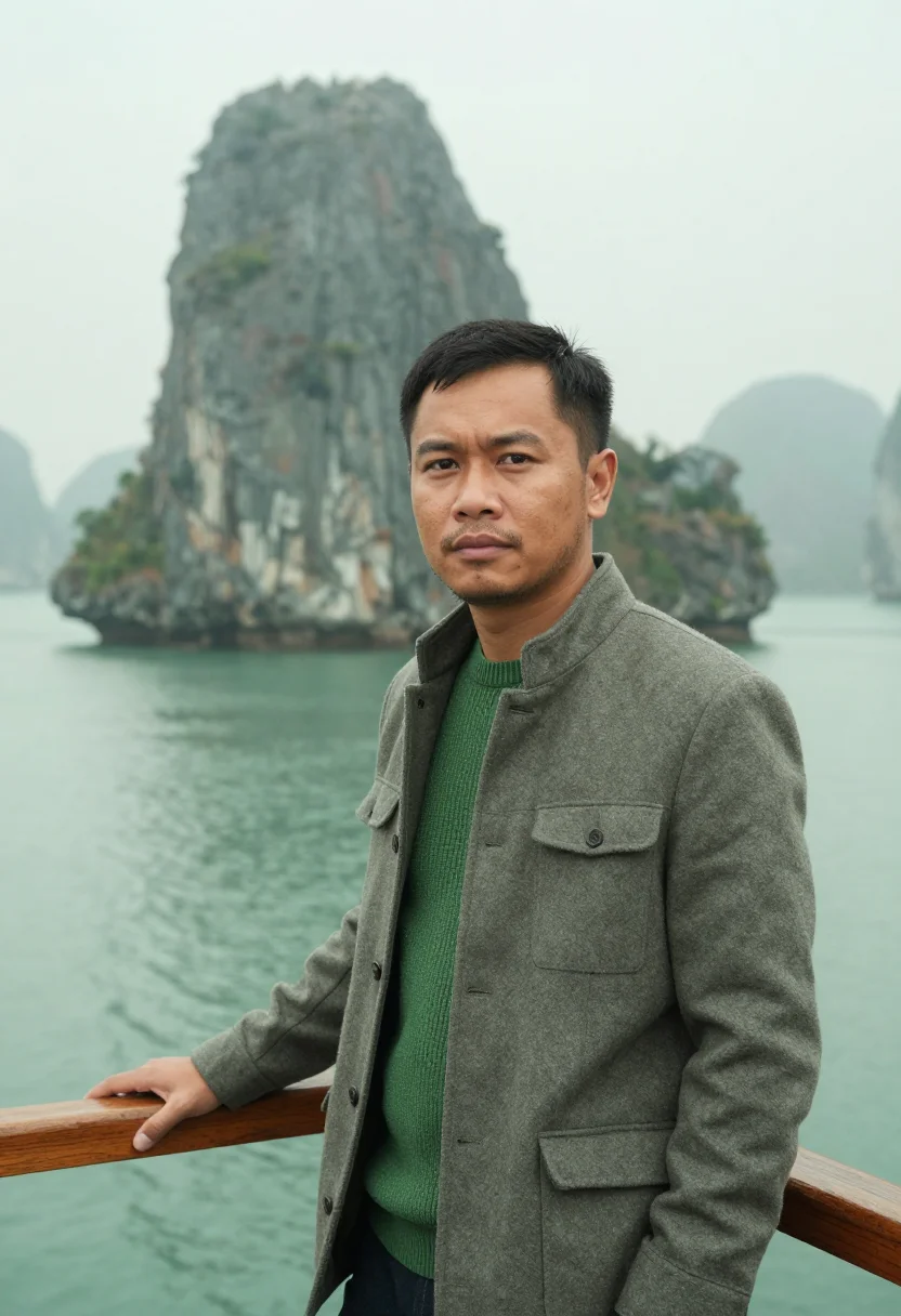 AI ha long marine geologist jade limestone sample — portrait of a man, a Vietnamese marine geologist in his late