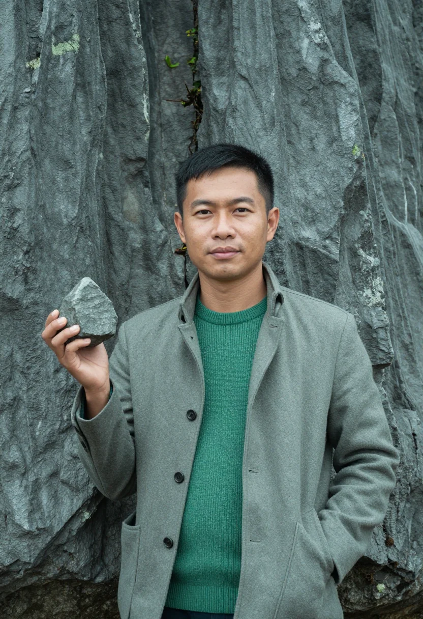 AI ha long marine geologist jade limestone sample — portrait of a man, a Vietnamese marine geologist in his mid-
