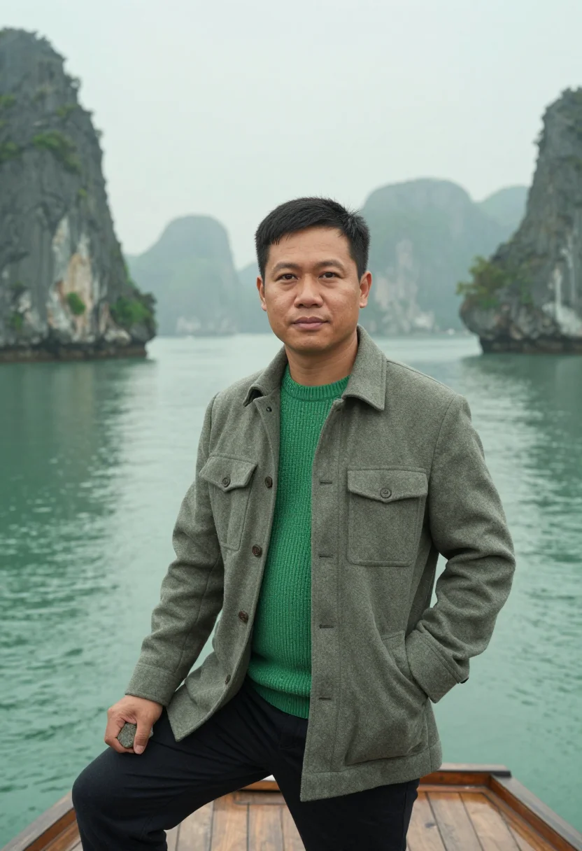 AI ha long marine geologist jade limestone sample — portrait of a man, a Vietnamese marine geologist in his earl