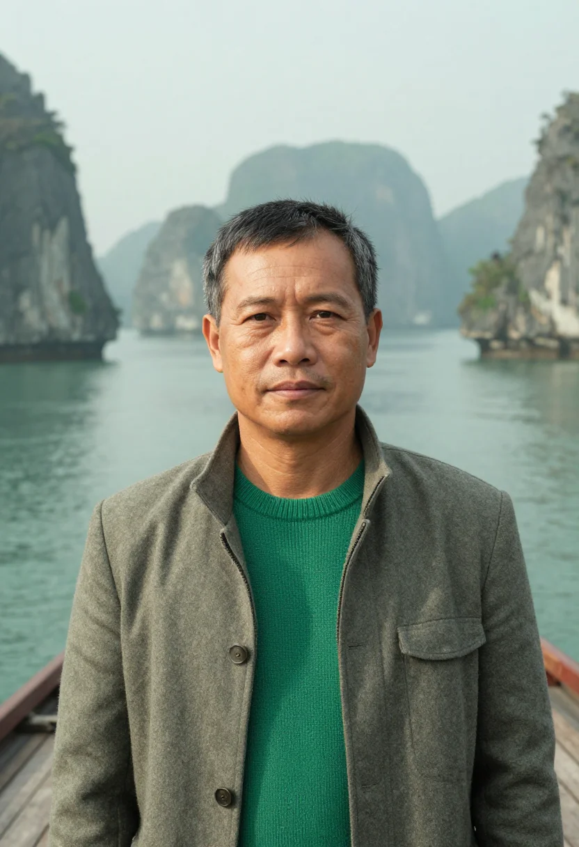 AI ha long marine geologist jade limestone sample — portrait of a man, a Vietnamese marine geologist in his fift