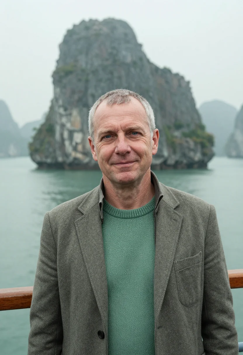 AI ha long marine geologist jade limestone sample — portrait of a man, a marine geologist in his fifties of West