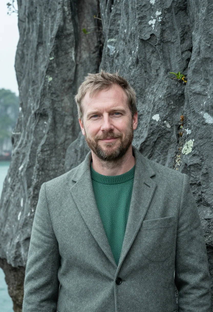 AI ha long marine geologist jade limestone sample — portrait of a man, a marine geologist in his late forties of