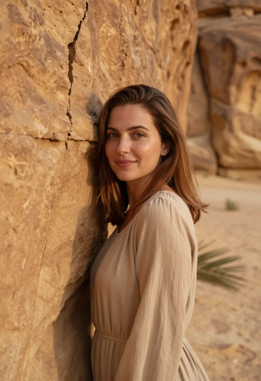 AI habitas alula ashar valley canyon sand sample — portrait of a woman, a French guest in her mid-thirties with