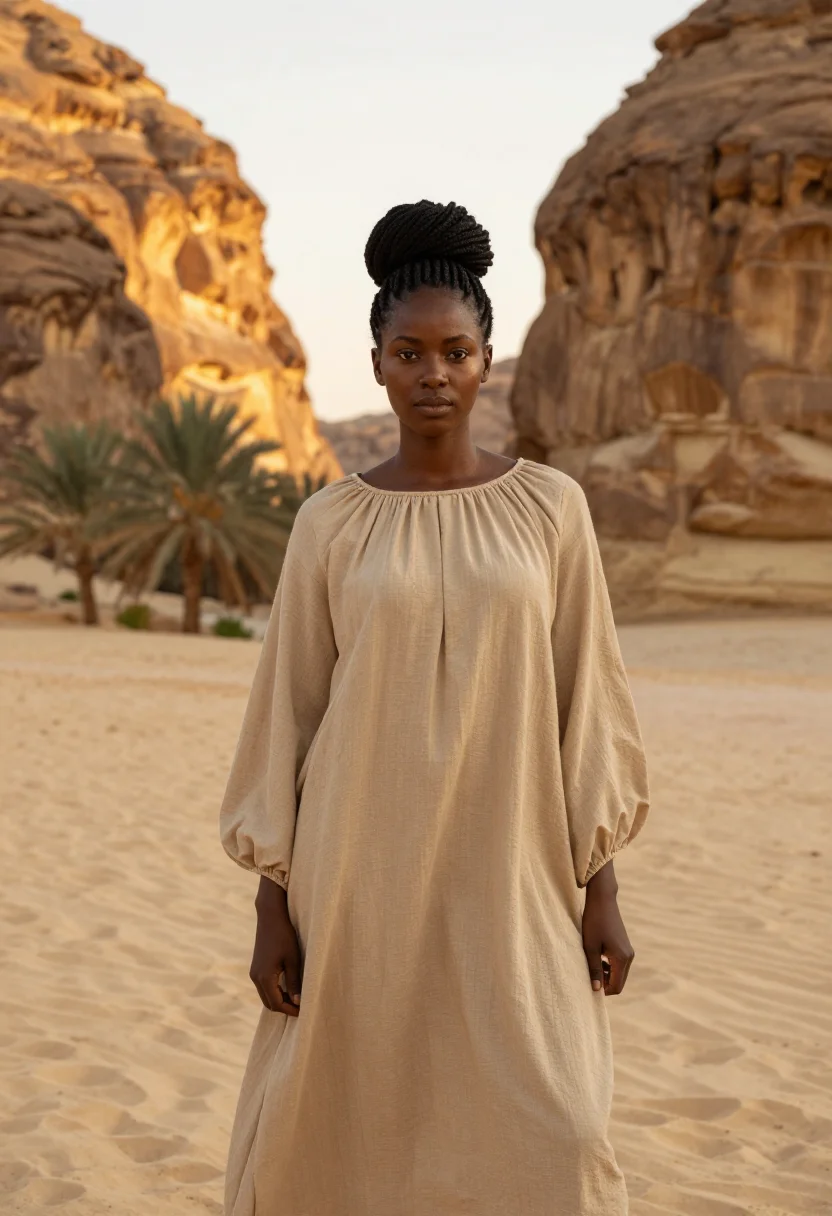 AI habitas alula ashar valley canyon sand sample — portrait of a woman, a Nigerian-British guest in her early t
