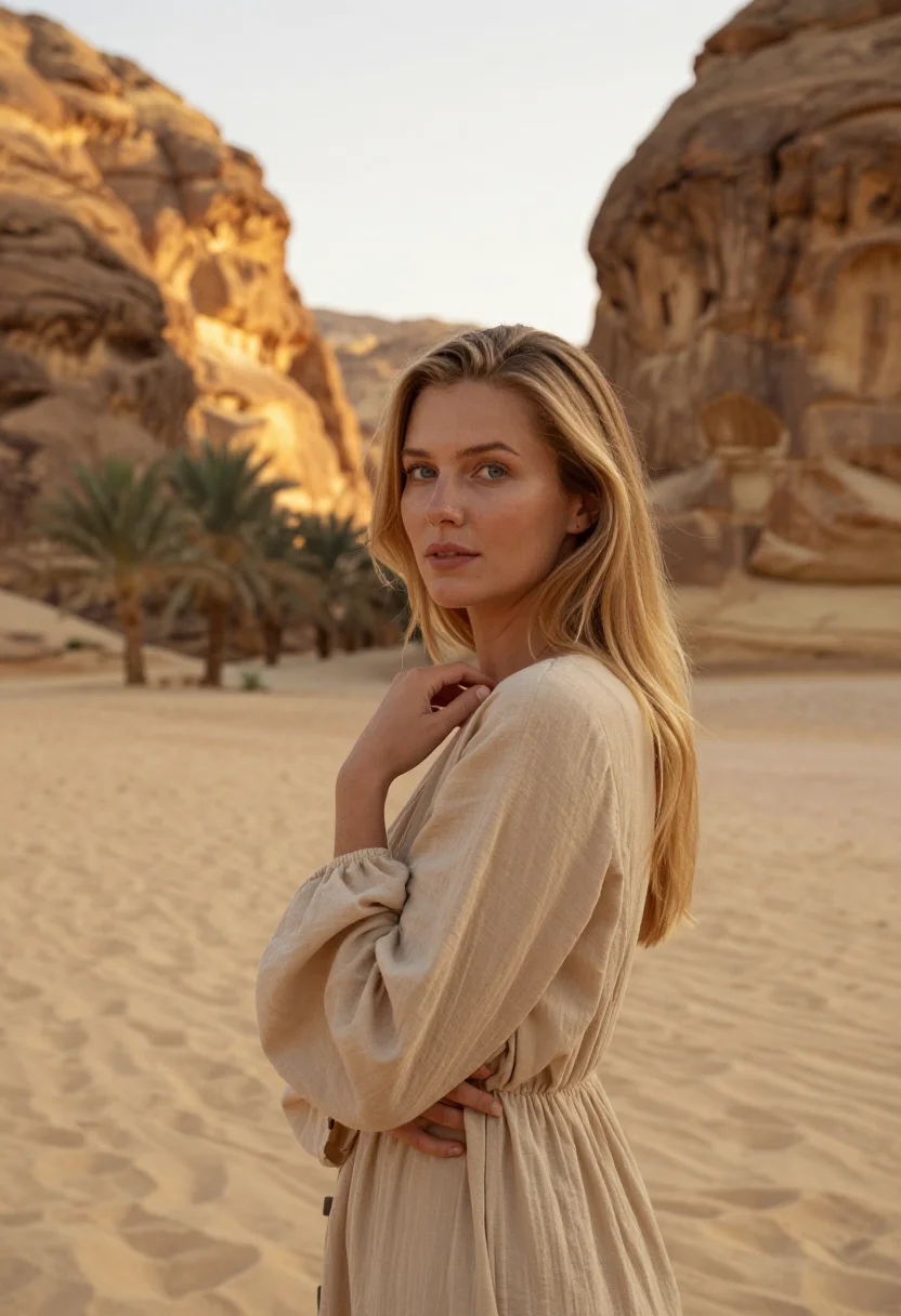 AI habitas alula ashar valley canyon sand sample — portrait of a woman, a Danish guest in her early thirties wi