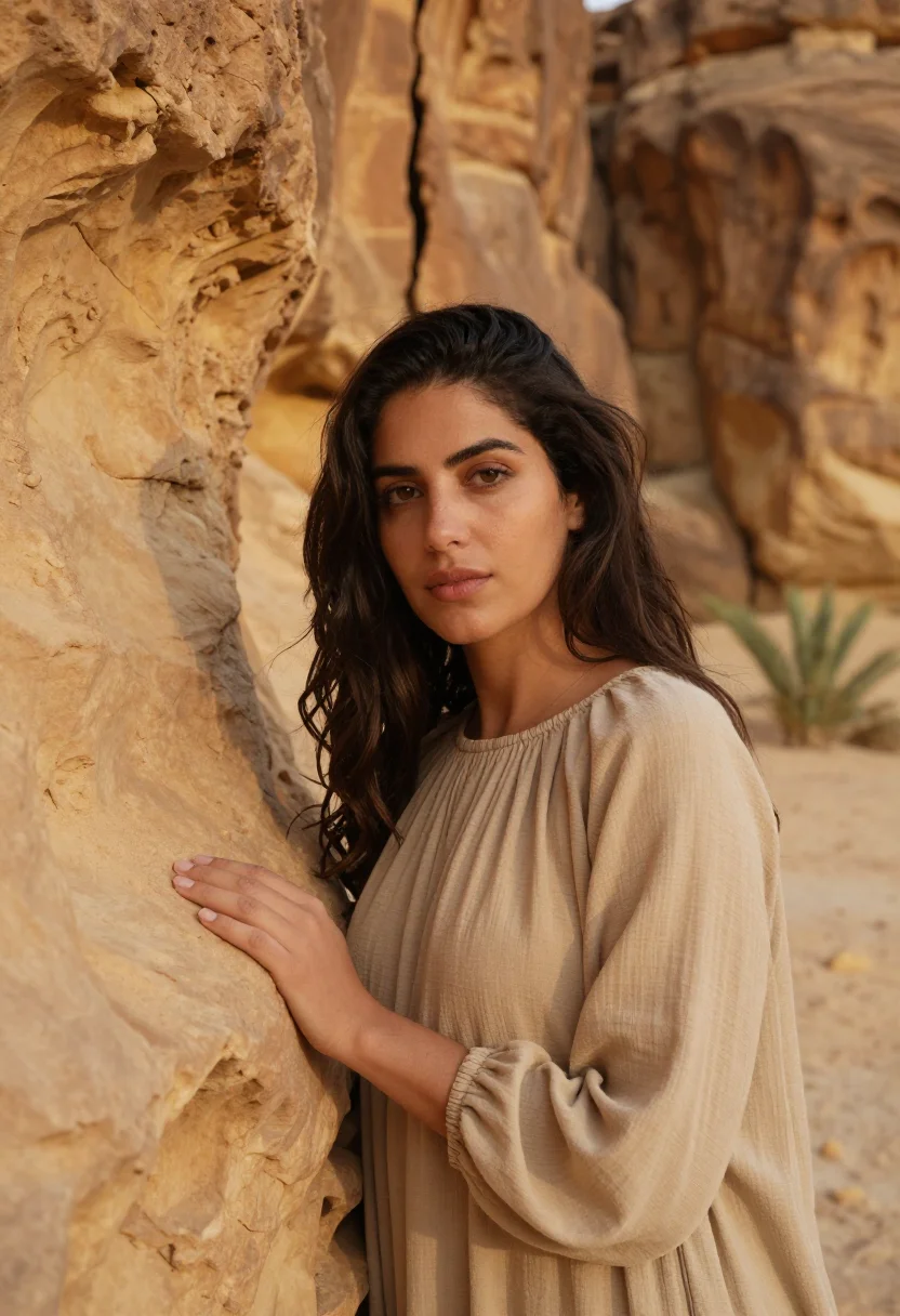 AI habitas alula ashar valley canyon sand sample — portrait of a woman, an Italian guest in her late twenties w