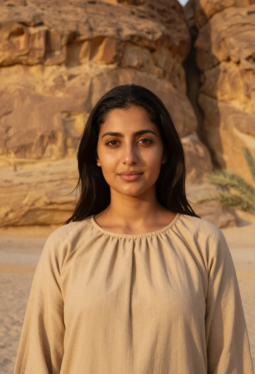 AI habitas alula ashar valley canyon sand sample — portrait of a woman, a Saudi guest in her early thirties wit