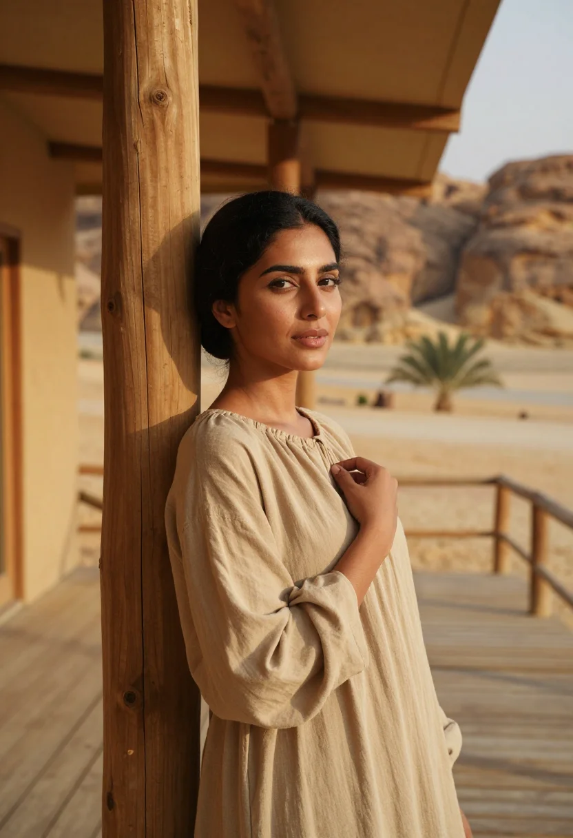 AI habitas alula ashar valley canyon sand sample — portrait of a woman, a Saudi guest in her early forties with