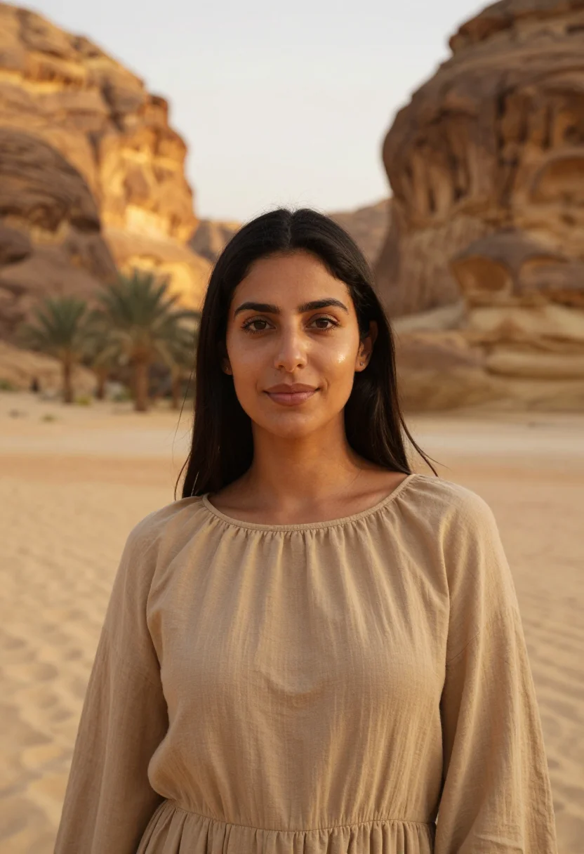 AI habitas alula ashar valley canyon sand sample — portrait of a woman, a Spanish guest in her mid-thirties wit