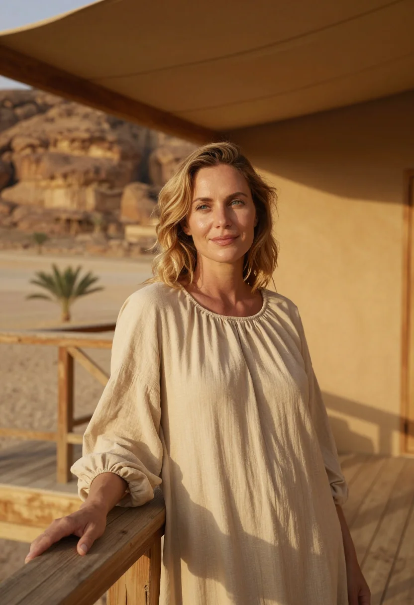 AI habitas alula ashar valley canyon sand sample — portrait of a woman, a British guest in her late thirties wi