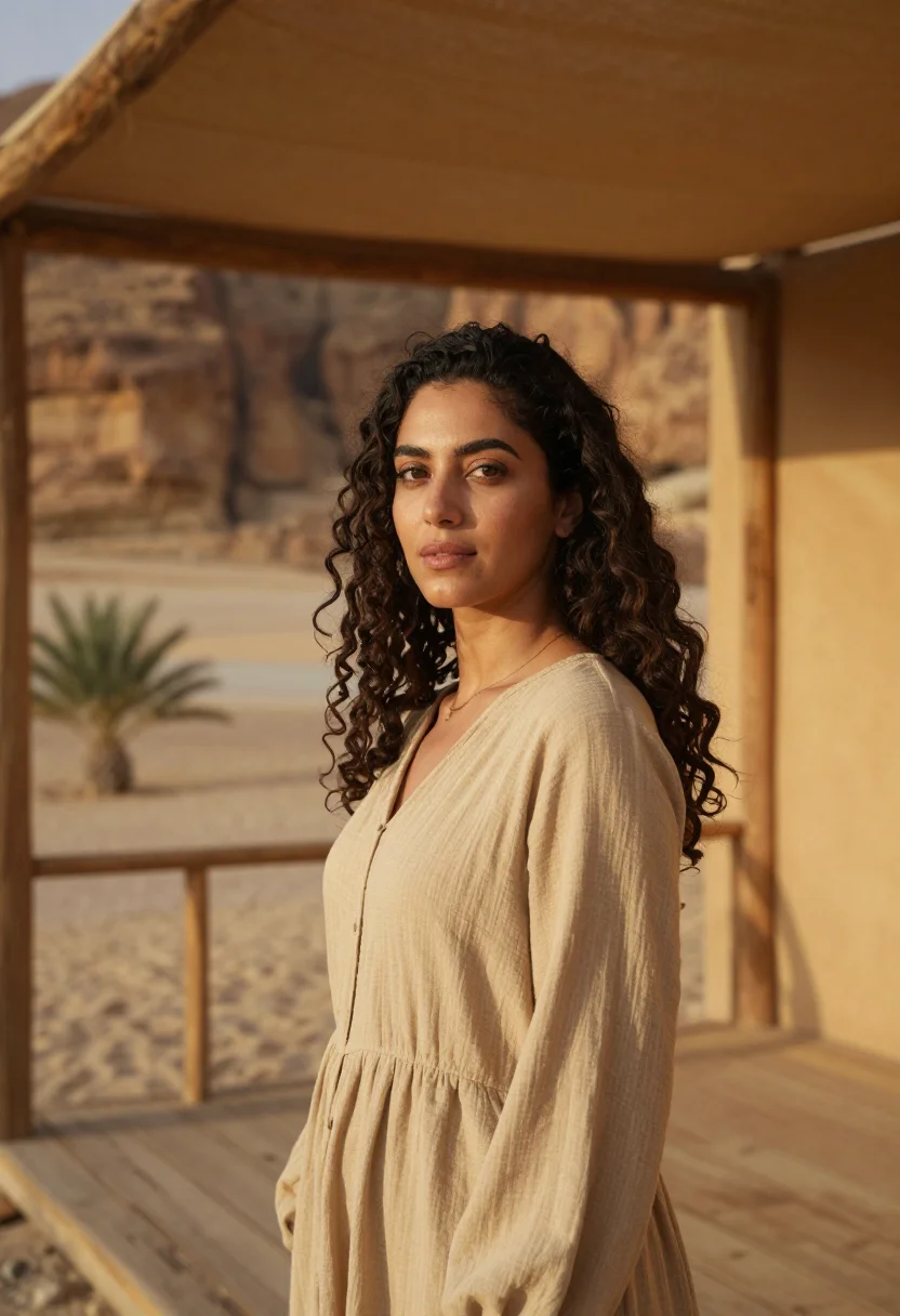 AI habitas alula ashar valley canyon sand sample — portrait of a woman, a Moroccan guest in her early thirties