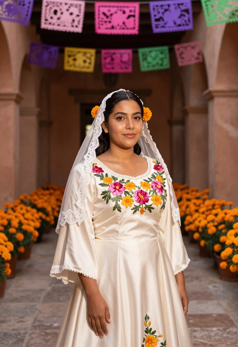 AI hacienda bride sample — portrait of a woman, chest-up portrait of a Mexican woman wi