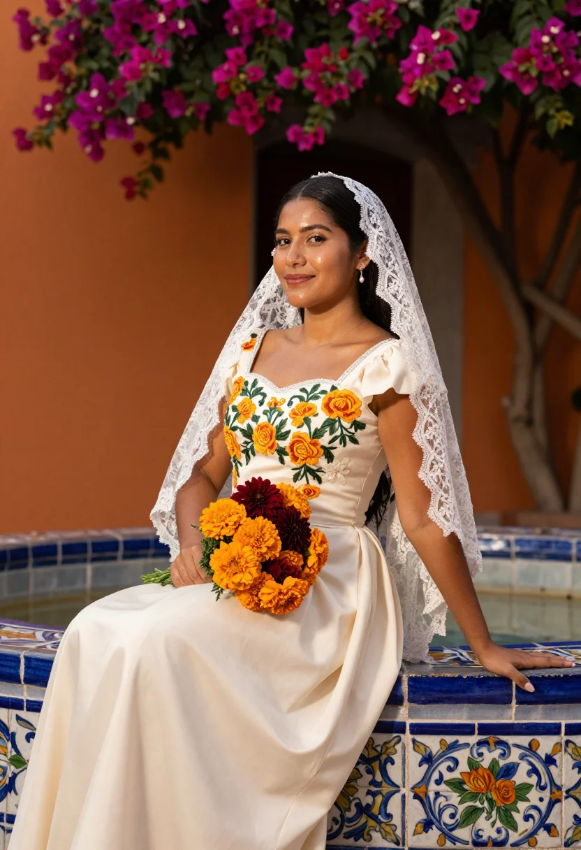 AI hacienda bride sample — portrait of a woman, three-quarter-length portrait of a Mexi