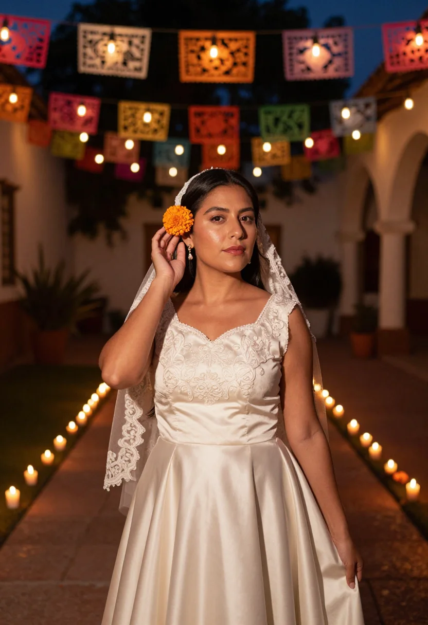 AI hacienda bride sample — portrait of a woman, chest-up portrait of a Mexican woman wi