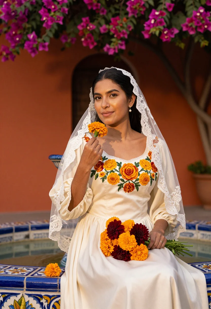 AI hacienda bride sample — portrait of a woman, chest-up portrait of a Mexican woman wi