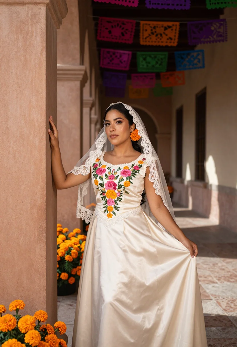 AI hacienda bride sample — portrait of a woman, three-quarter-length portrait of a Mexi