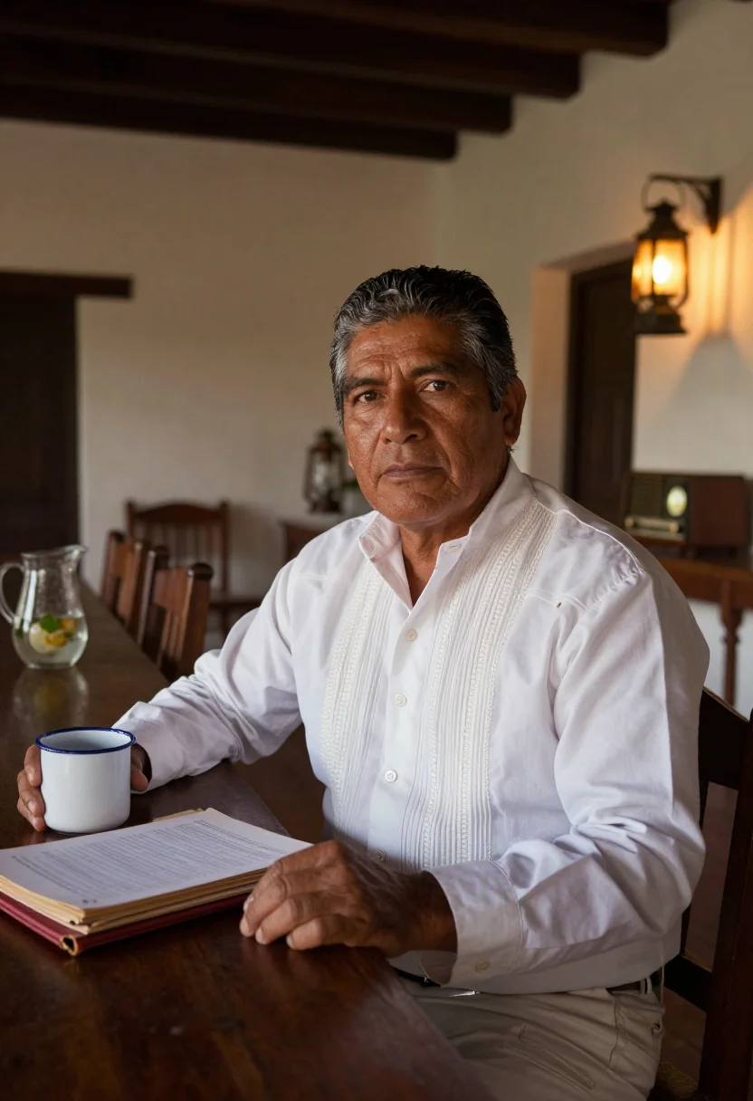 AI hacienda patron sample — portrait of a man, seated three-quarter portrait of a Mexica