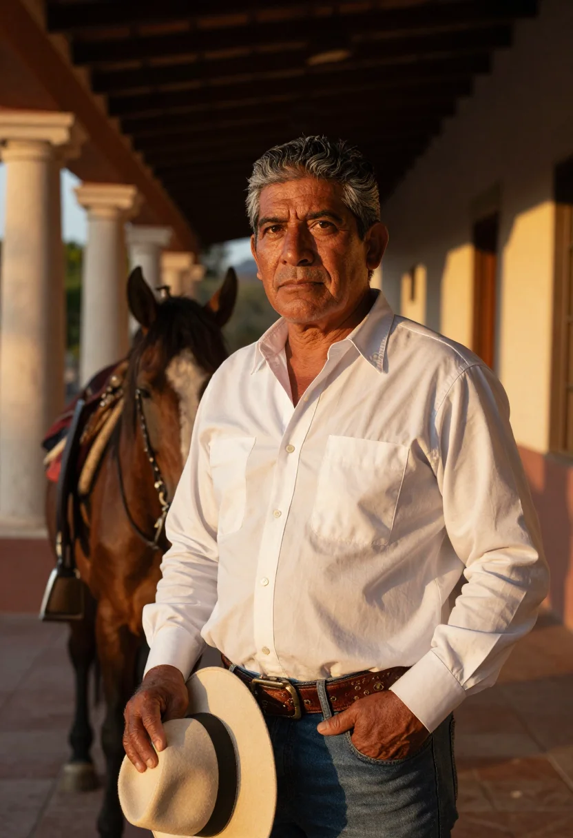 AI hacienda patron sample — portrait of a man, waist-up portrait of a Mexican man in his