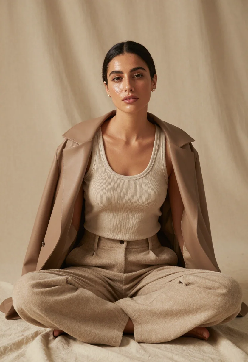 AI hailey bieber rhode glazed beige studio sample — portrait of a woman, a Lebanese woman in her late twenties w