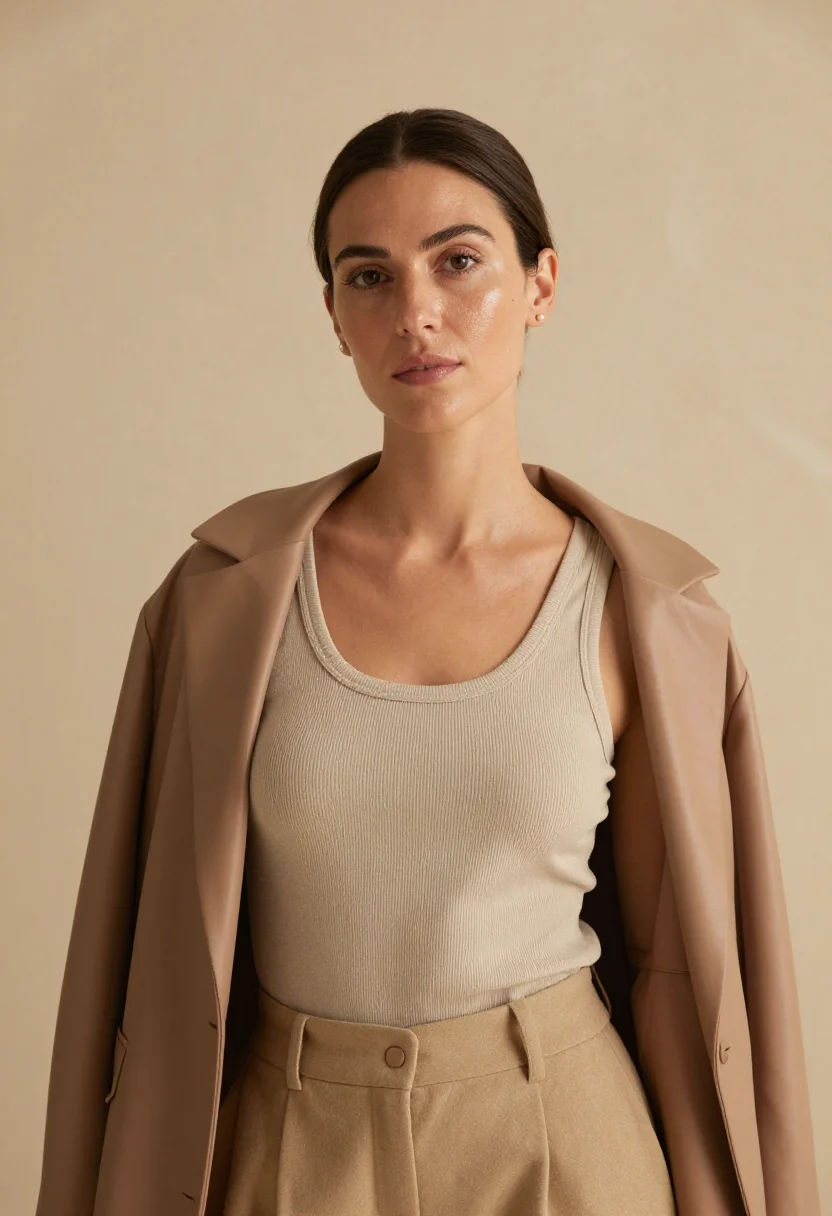 AI hailey bieber rhode glazed beige studio sample — portrait of a woman, an Italian woman in her early thirties