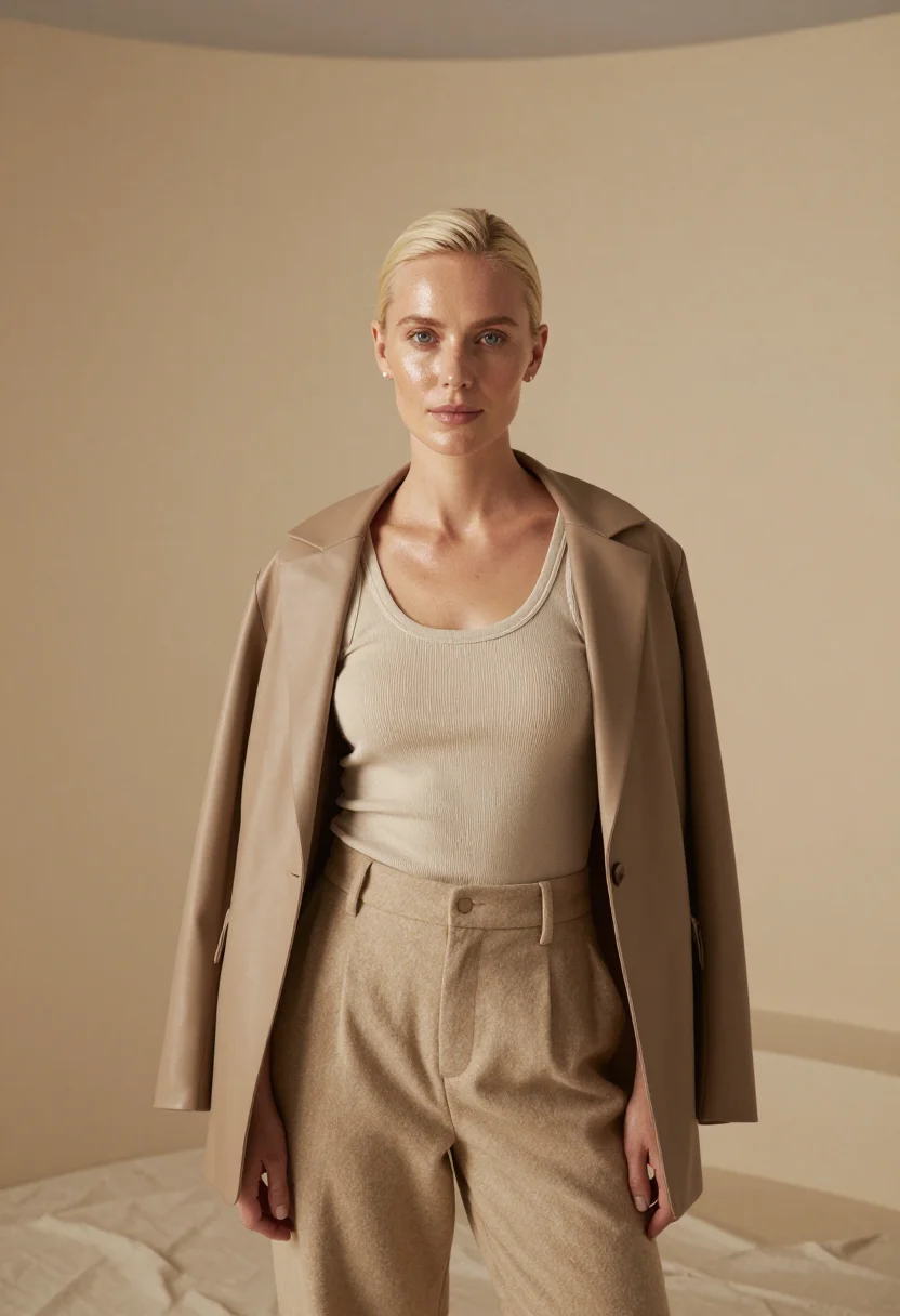AI hailey bieber rhode glazed beige studio sample — portrait of a woman, a Swedish woman in her mid-thirties wit