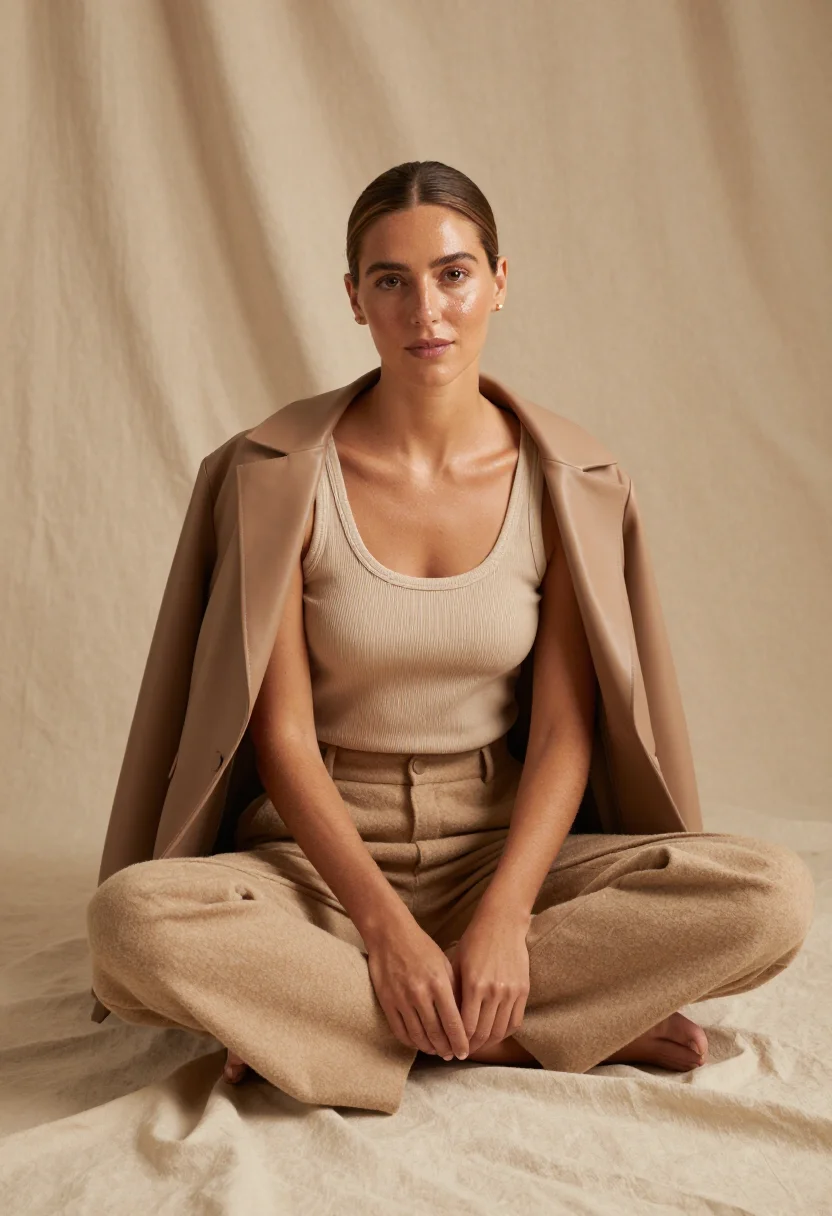 AI hailey bieber rhode glazed beige studio sample — portrait of a woman, a Brazilian woman in her early thirties