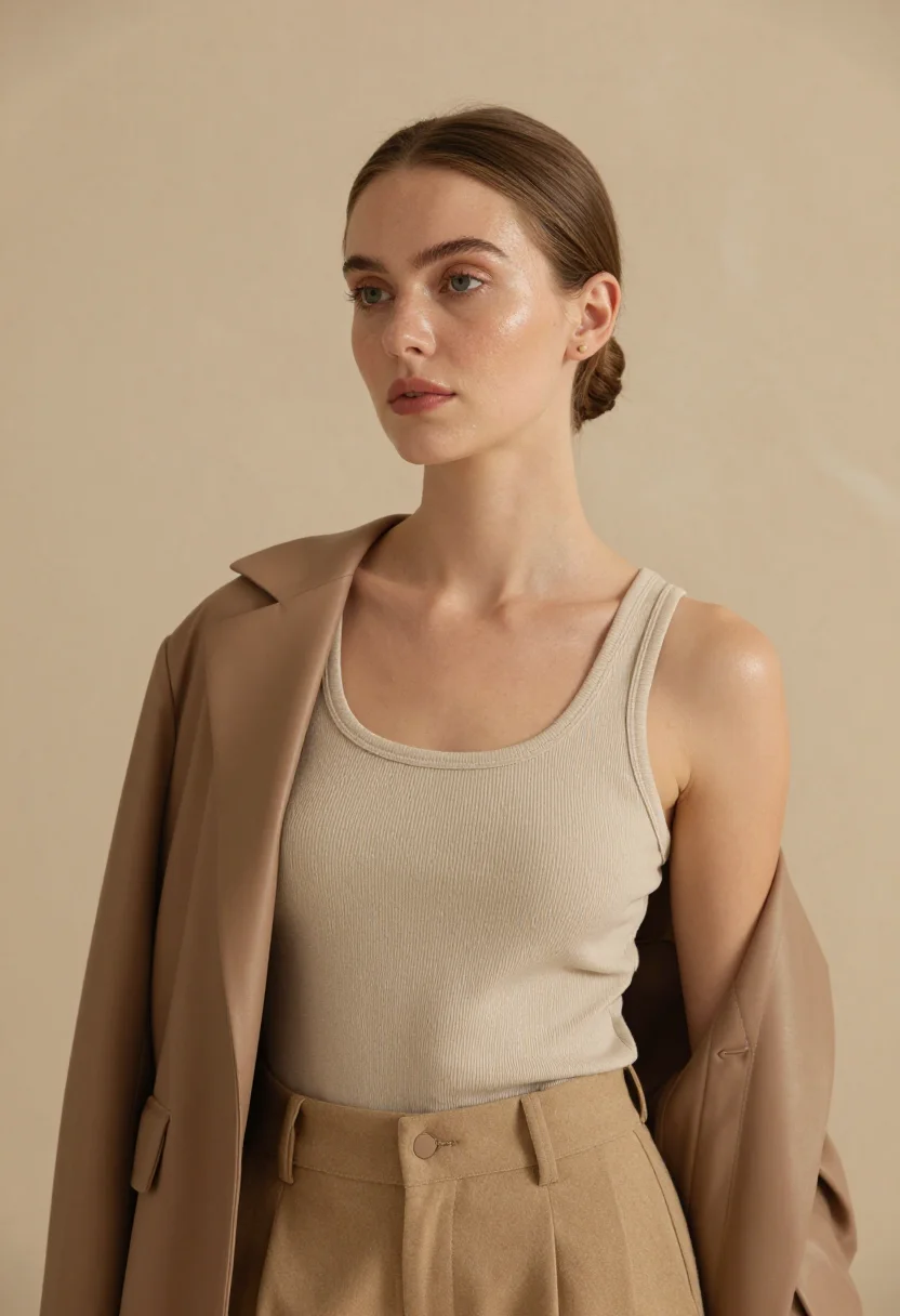 AI hailey bieber rhode glazed beige studio sample — portrait of a woman, an English woman in her mid-twenties wi