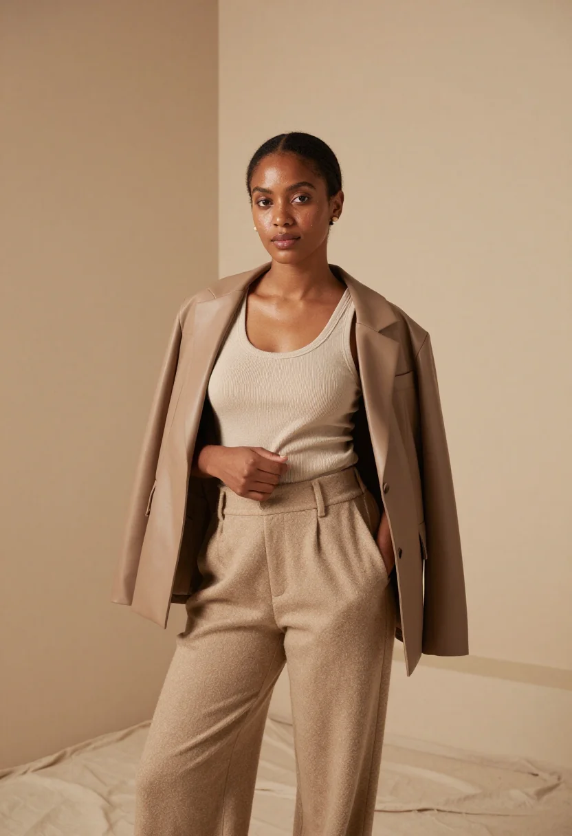AI hailey bieber rhode glazed beige studio sample — portrait of a woman, a Somali-British woman in her early thi