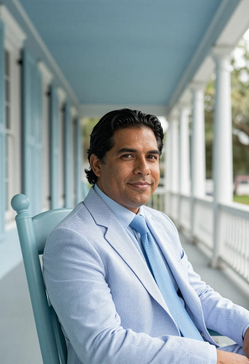 AI haint blue seersucker lawyer sample — portrait of a man, chest-up portrait of a Latino man in his