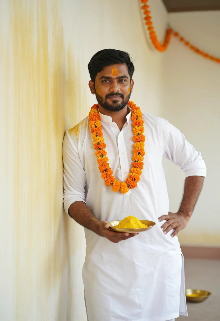 AI haldi groom sample — portrait of a man, three-quarter-length portrait of an India