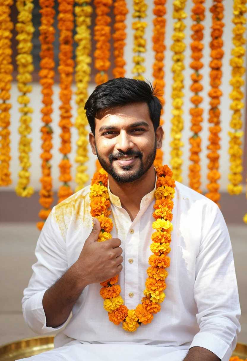 AI haldi groom sample — portrait of a man, chest-up portrait of an Indian man with w