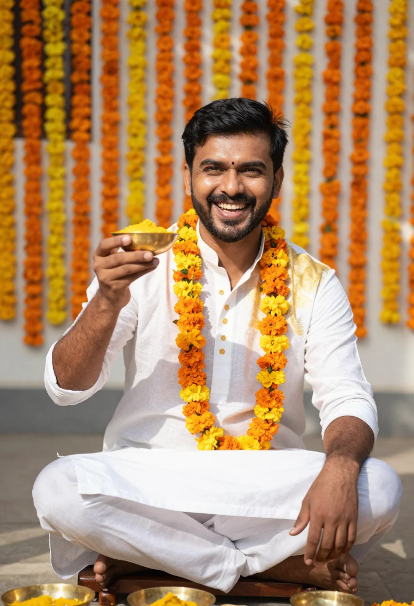 AI haldi groom sample — portrait of a man, half-length portrait of an Indian man wit