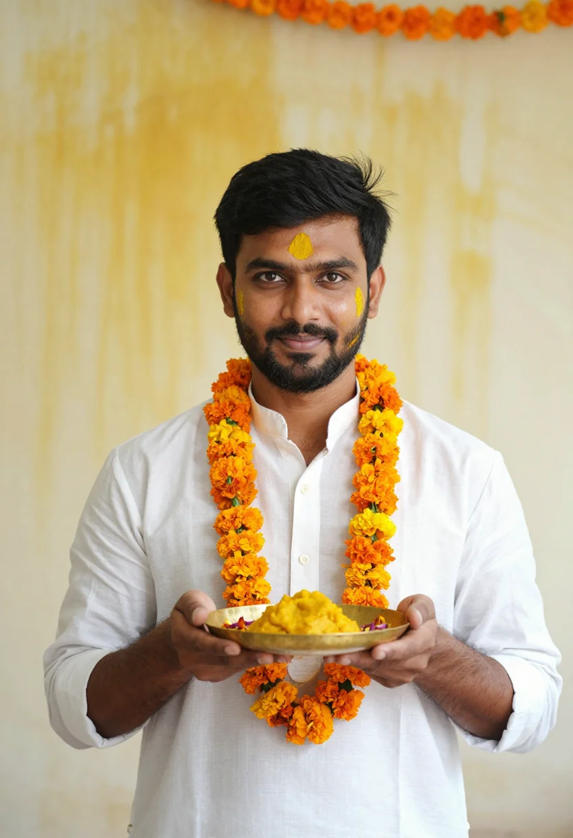 AI haldi groom sample — portrait of a man, chest-up portrait of an Indian man with w