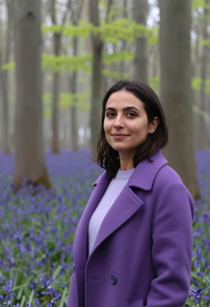 AI hallerbos bluebell forest april violet sample — portrait of a woman, a traveller in her early thirties with