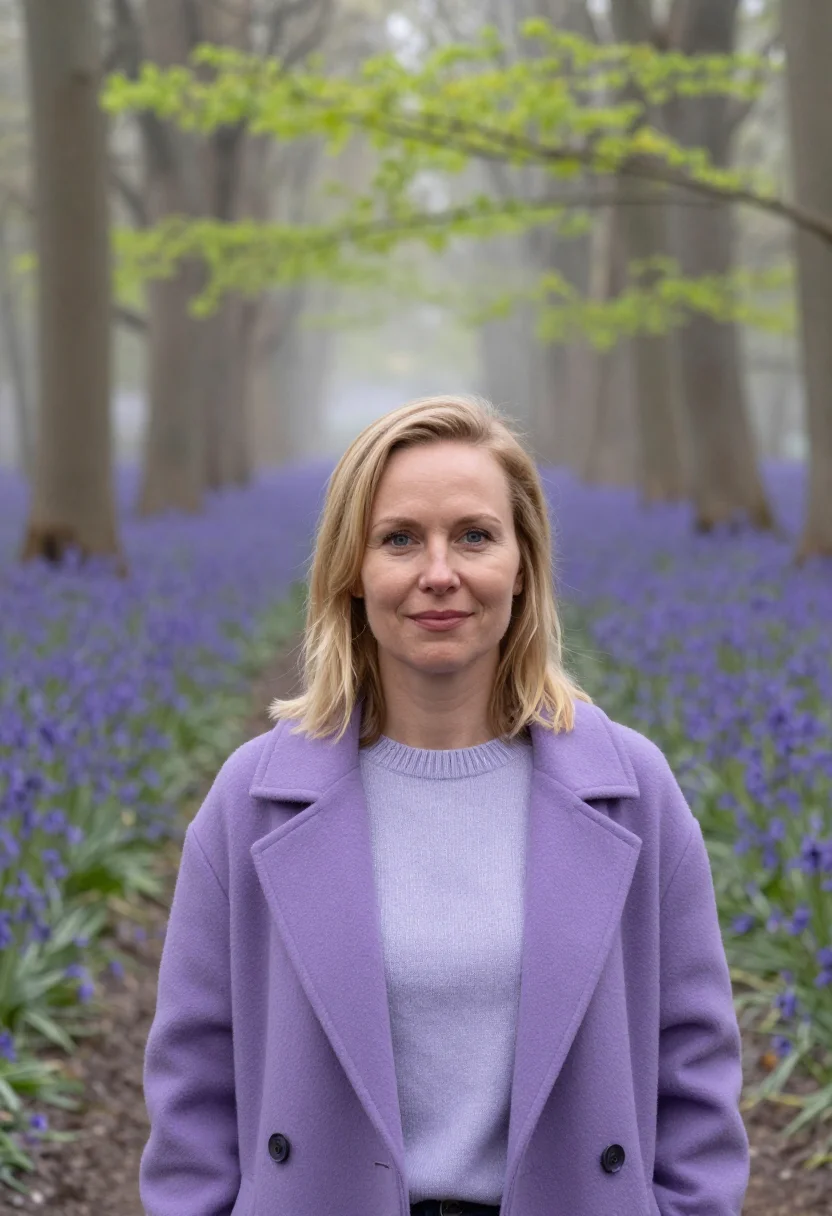 AI hallerbos bluebell forest april violet sample — portrait of a woman, a Dutch traveller in her late thirties