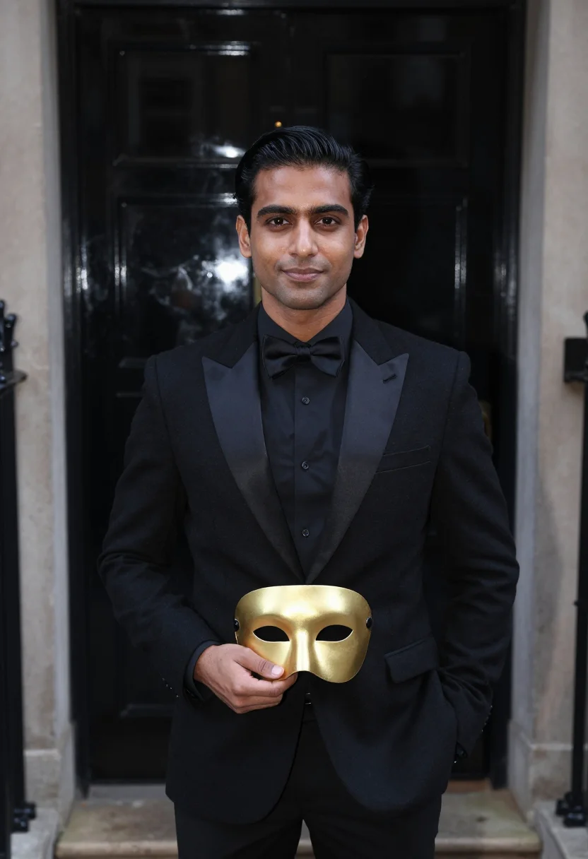 AI halloween cocktail black gold sample — portrait of a man, chest-up portrait of a South-Asian man in