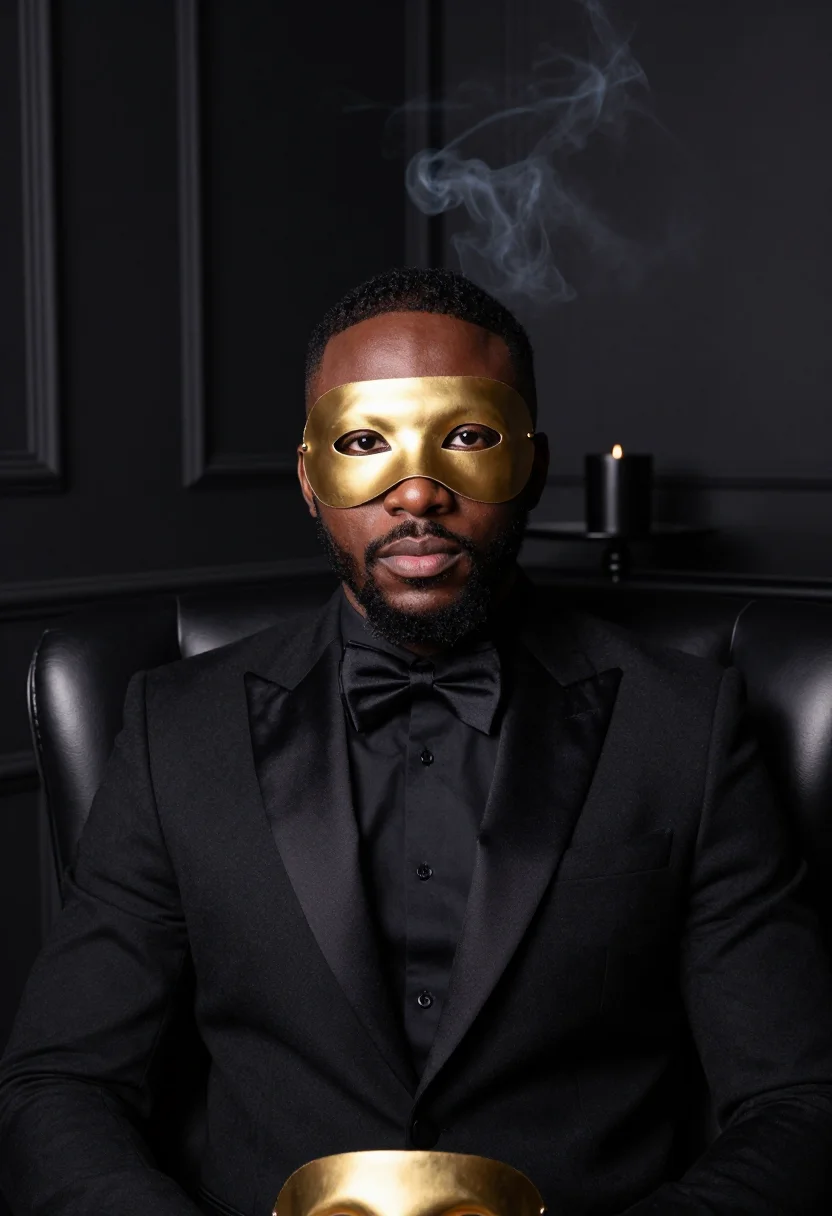 AI halloween cocktail black gold sample — portrait of a man, chest-up portrait of a British-Nigerian m