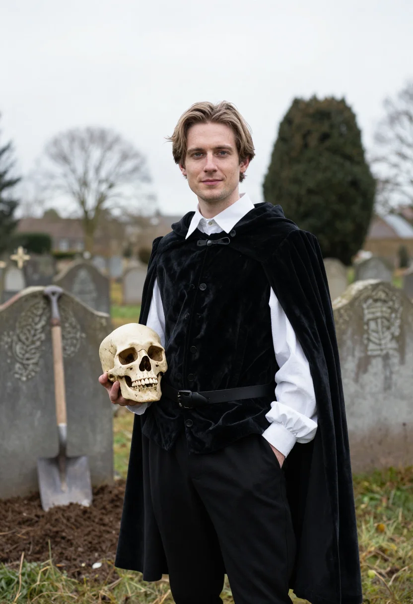 AI hamlet sample — portrait of a man, a waist-up photograph of a Western-Europe