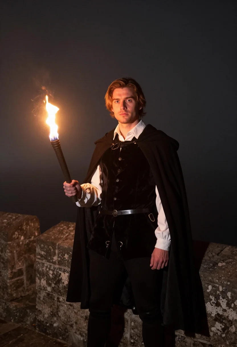 AI hamlet sample — portrait of a man, a knees-up photograph of a Western-Europe
